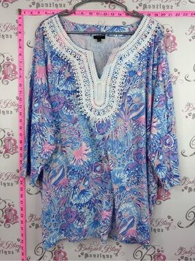 Talbots blouse pastel Blue and Pink Floral Embroidered Tunic